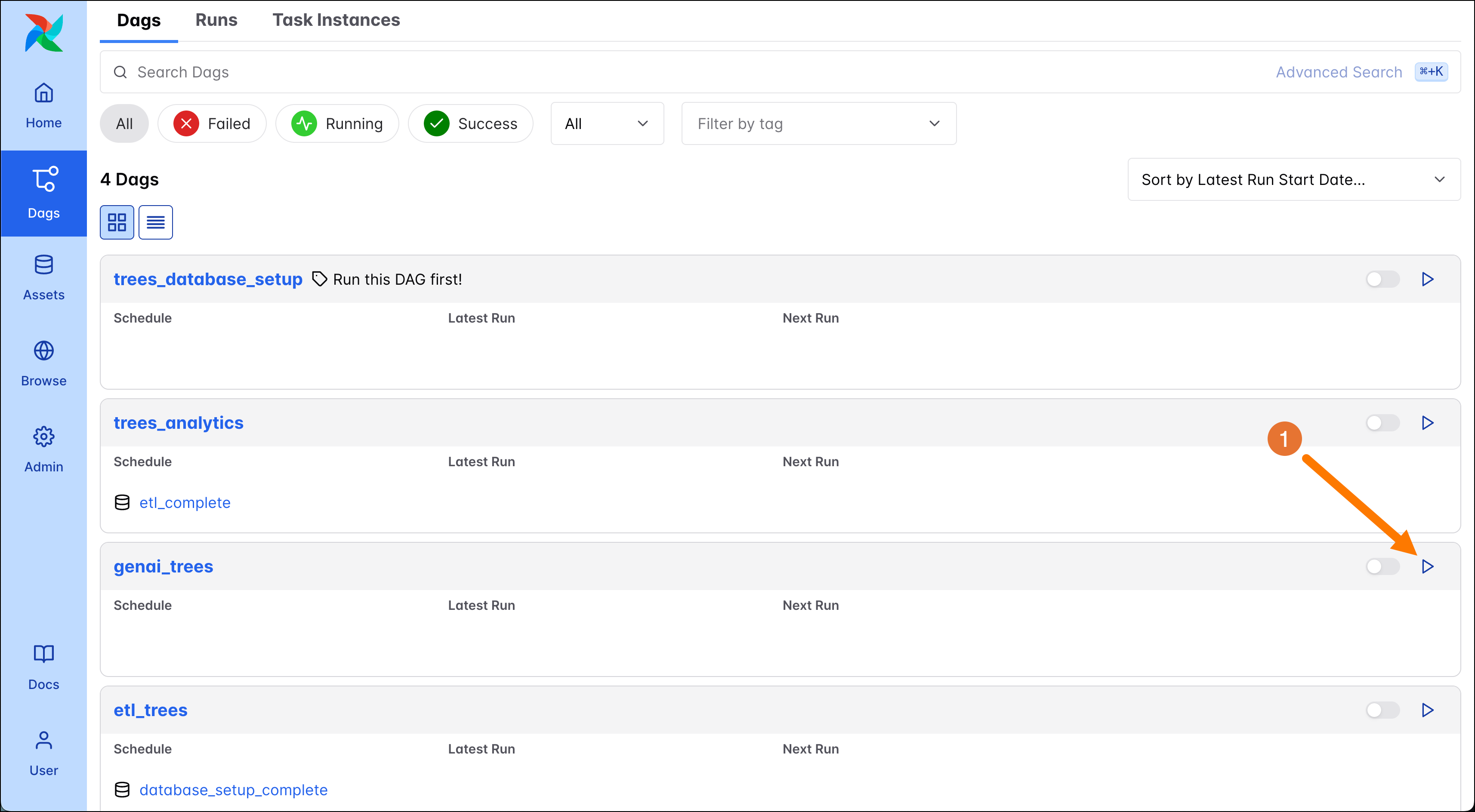 DAGs overview showing the play button for the genai_trees DAG.