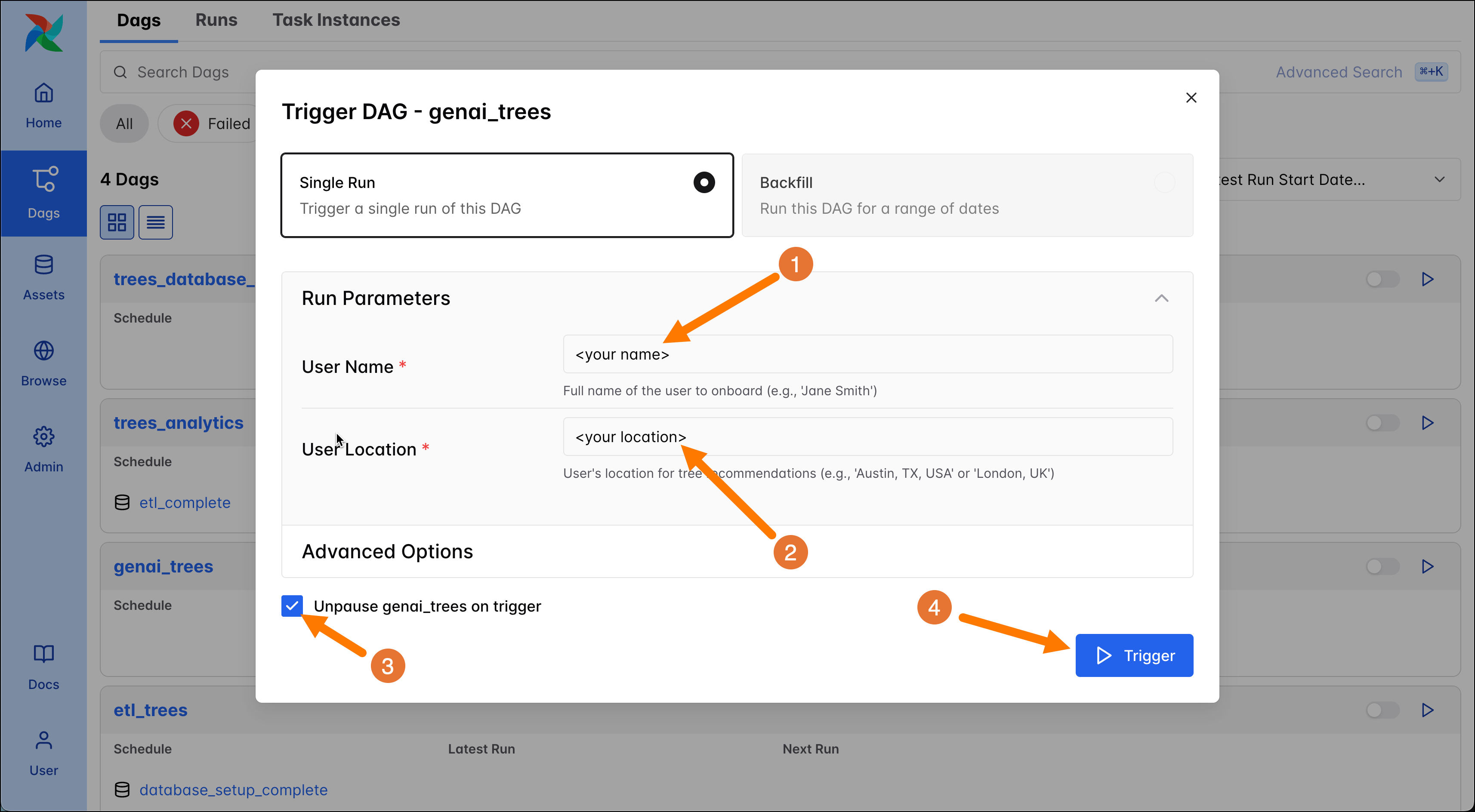Screenshot of the Airflow UI showing the DAG Trigger form