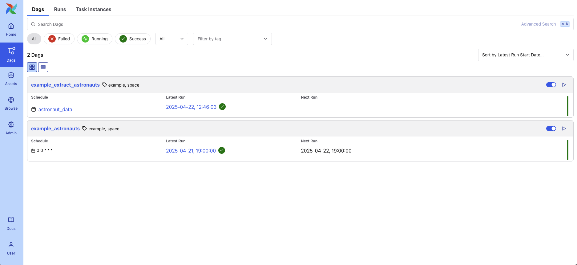 Airflow UI DAGs view