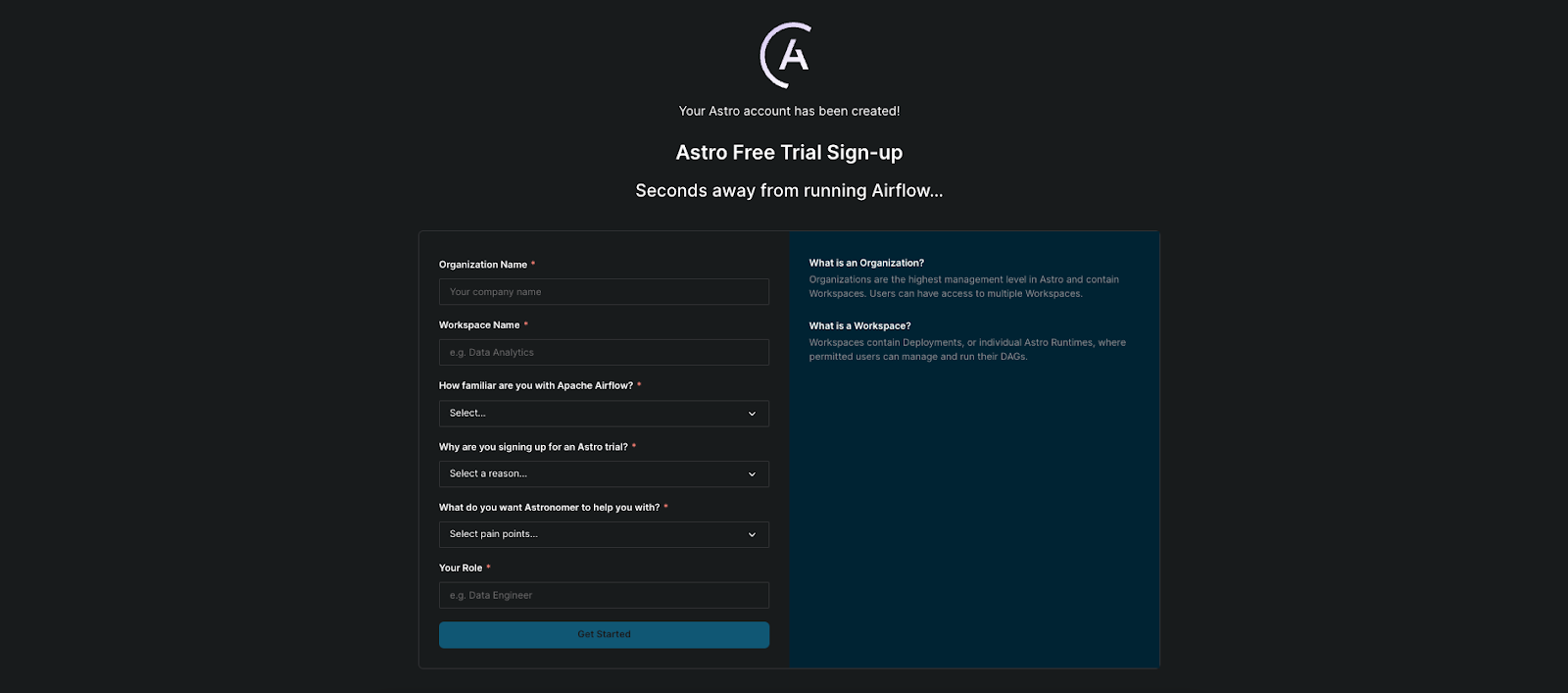 Astro trial sign-up