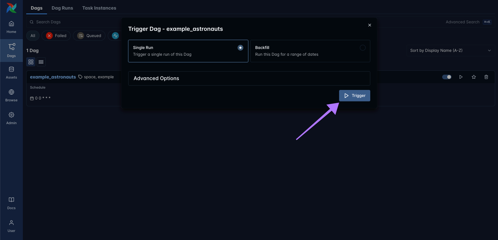 Figure 11: The trigger Dag dialogue. Click the Trigger button to start a new Dag run.