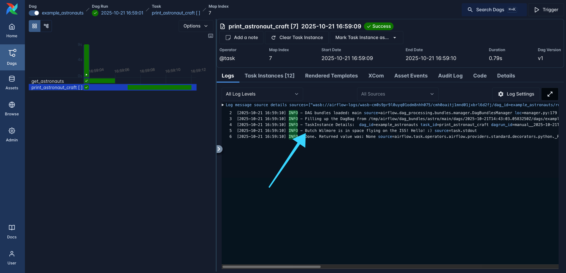 Figure 14: The logs of one of the  tasks showing that Butch Wilmore is on the ISS right now.