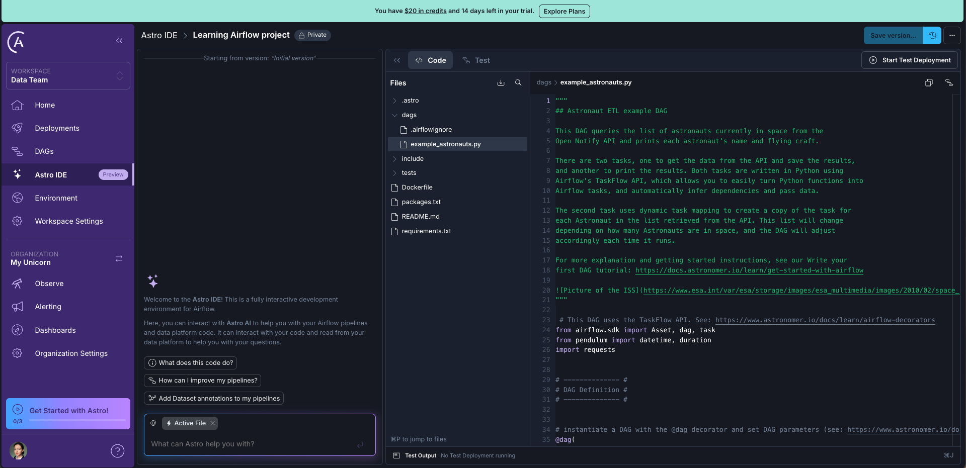 Figure 6: The Astro IDE showing the code in the example Dag in the code editor to the right.