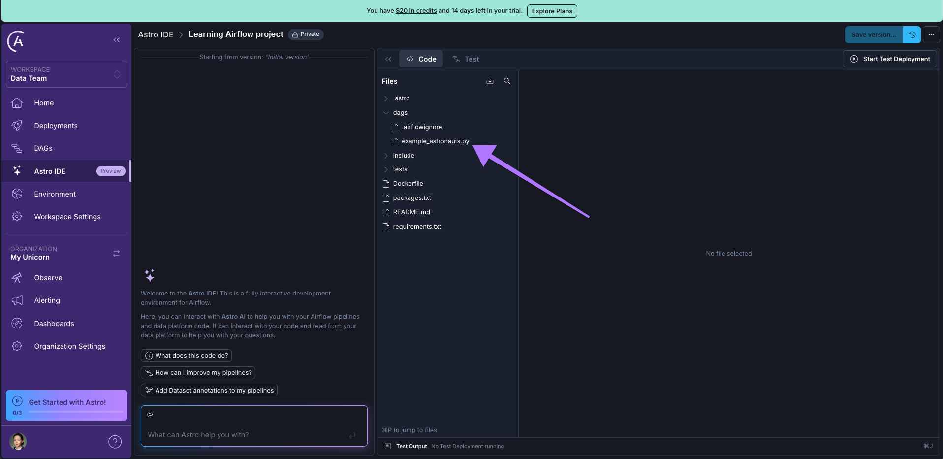 Figure 5: The Astro IDE showing the AI chat interface to the left and how to select the example Dag file from the file structure in the middle.