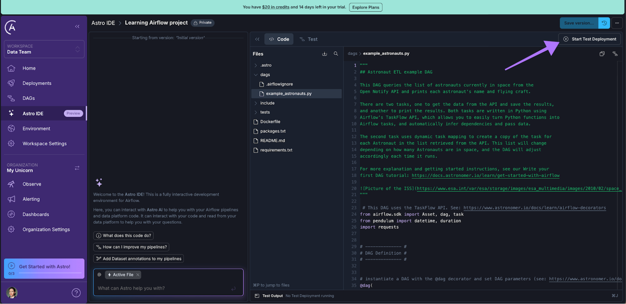 Figure 7: The location of the Start Test Deployment button in the top right corner of the Astro IDE.