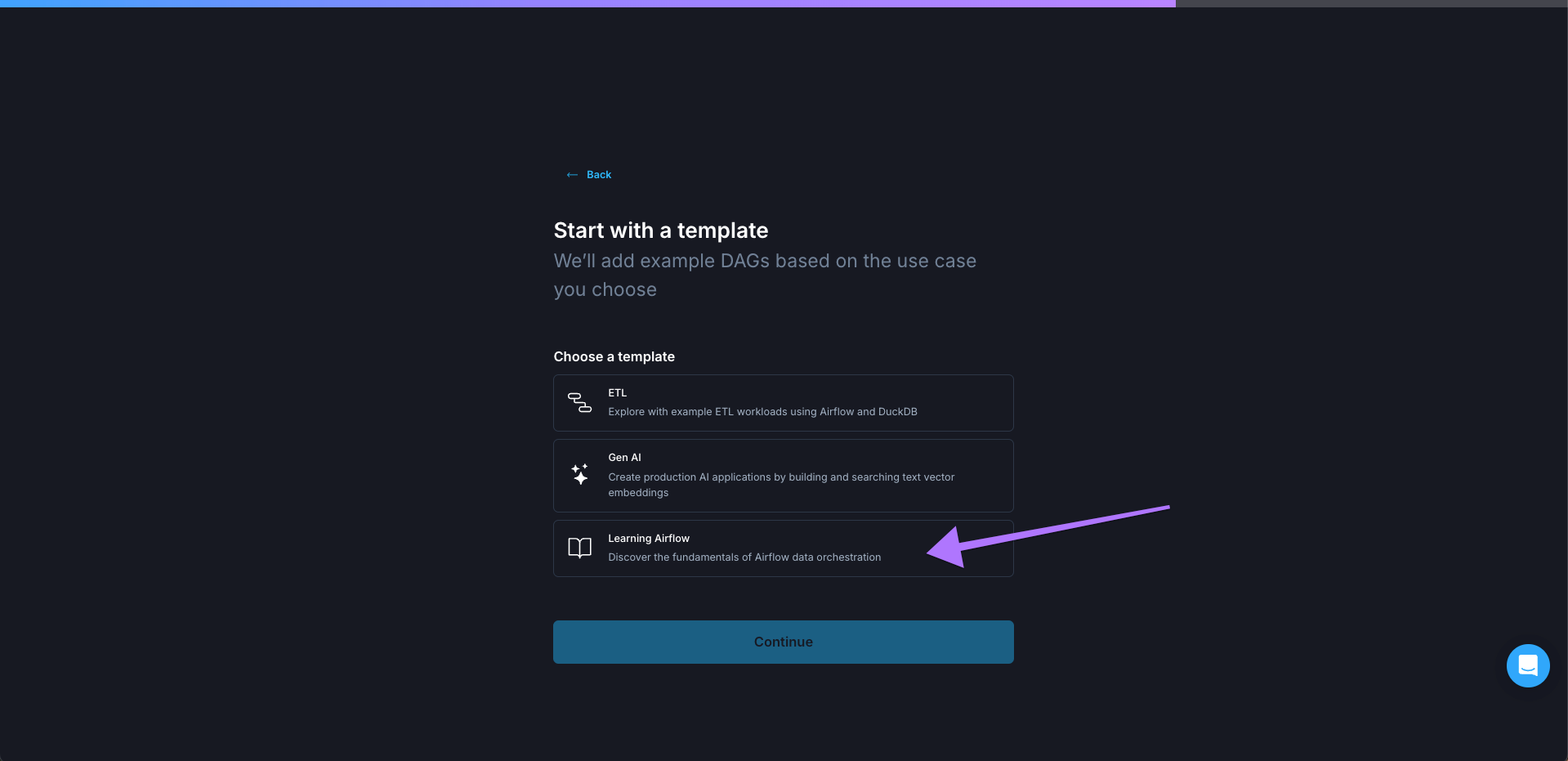 Figure 4: Final screen of the Astro trial flow listing all available templates.