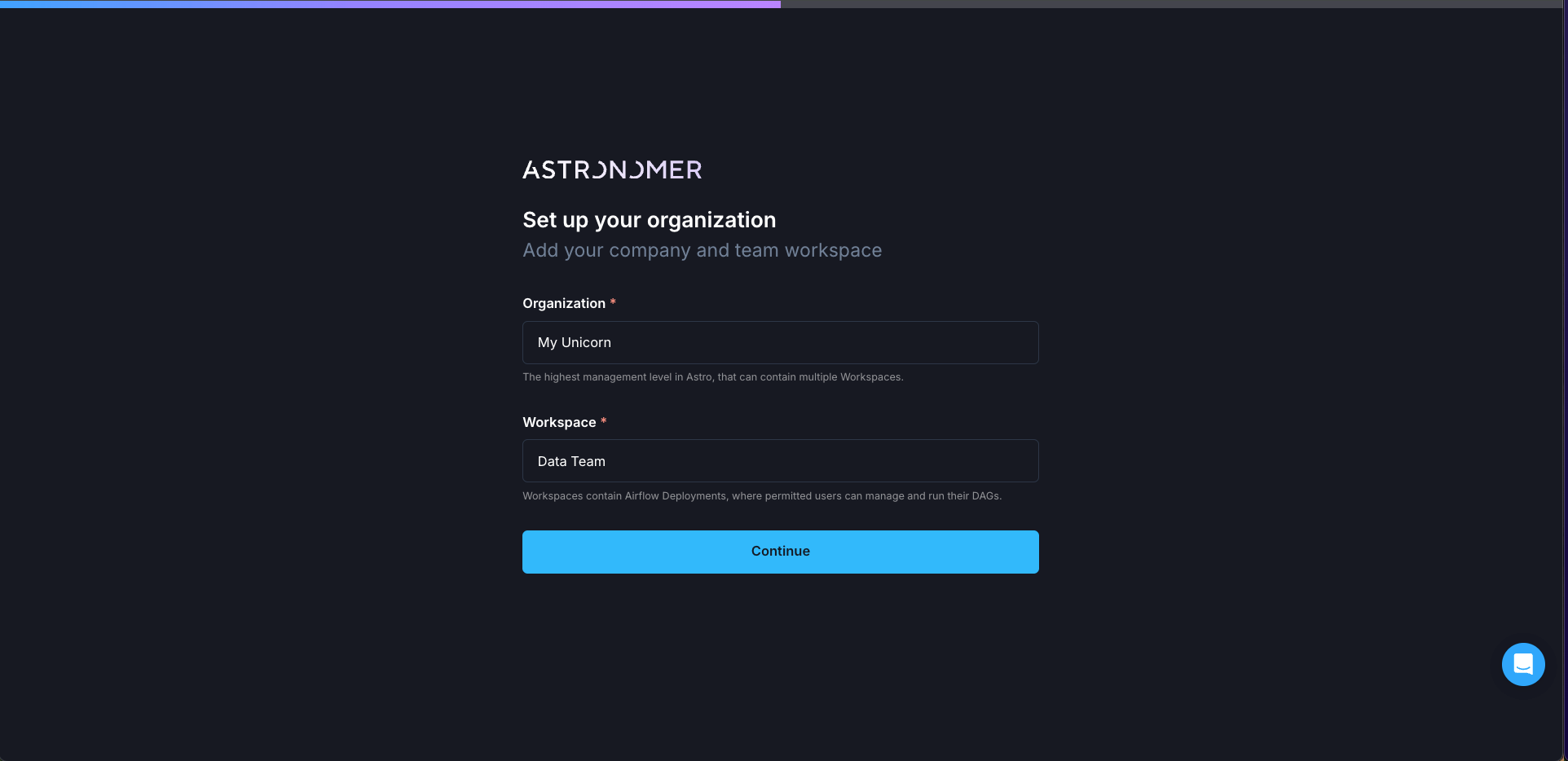 Figure 2: Second screen of the Astro trial flow, asking the user to name their Organization and Workspace