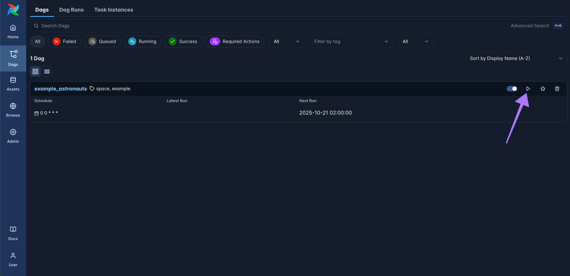 Figure 10: The Dags view showing the one Dag in the template project called . At the right of the Dag entry there is a play button which opens the Trigger Dag dialog.
