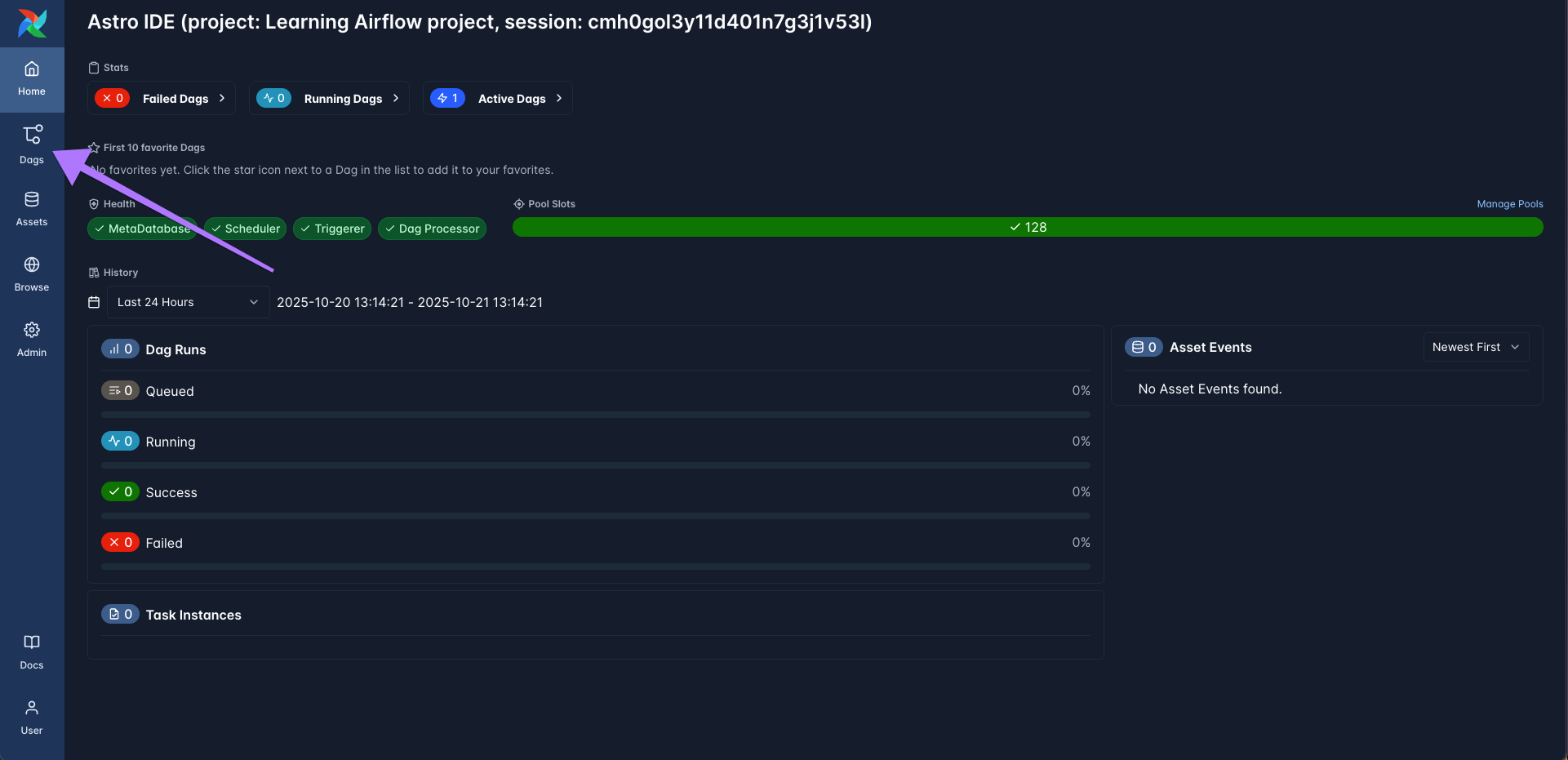 Figure 9: The Airflow 3.1 UI Home view showing how to navigate to the Dags view that lists all Dags in the Deployment.