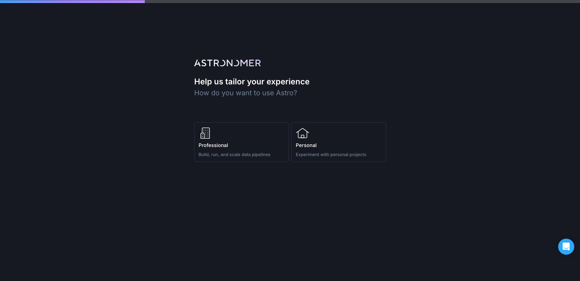 Figure 1: First Screen of the Astro trial flow, asking the user to choose between Professional and Personal use to tailor the trial experience.