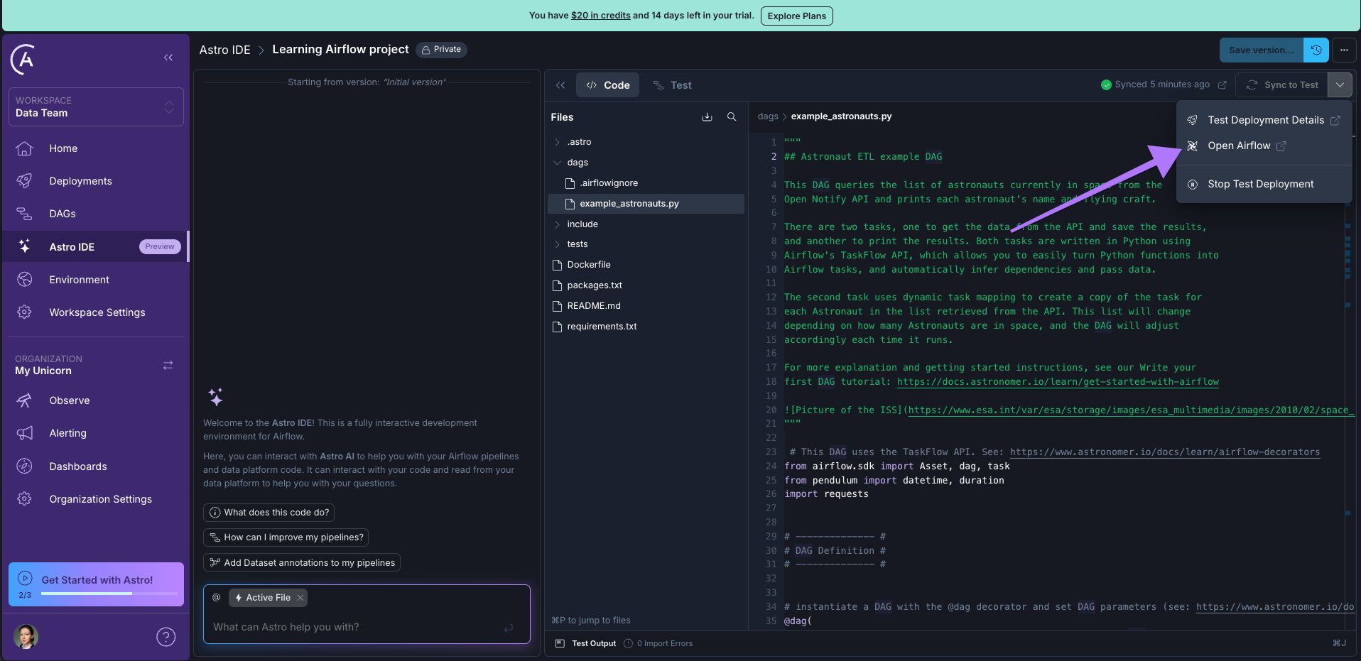 Figure 8: The dropdown menu in the top right corner next to Sync to Test includes a link to the Airflow UI.