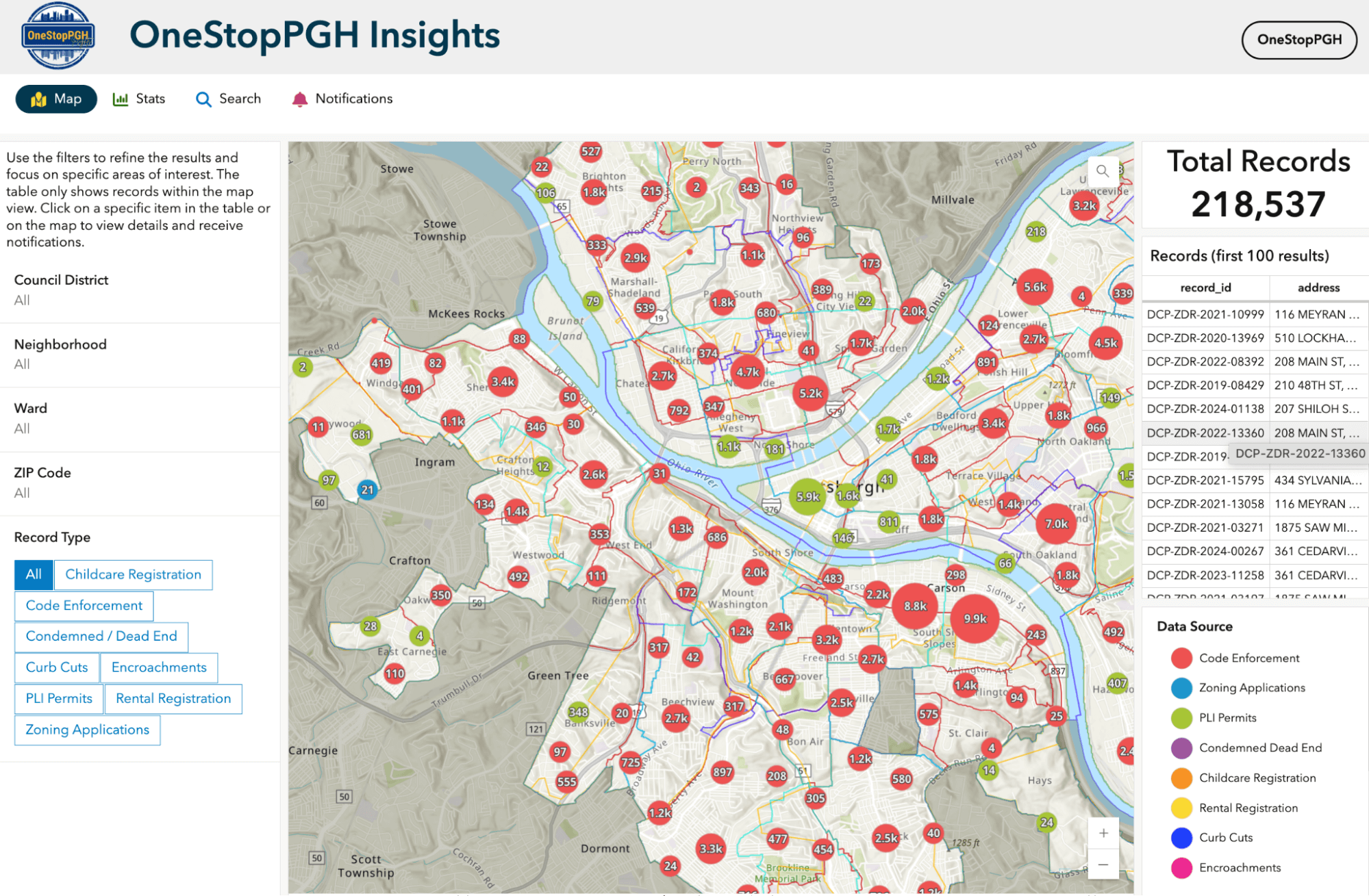 Screenshot of OneStopPGH Insights dashboard showing Pittsburgh permit data visualization with interactive maps and data tables for tracking neighborhood development permits, code violations, and zoning applications