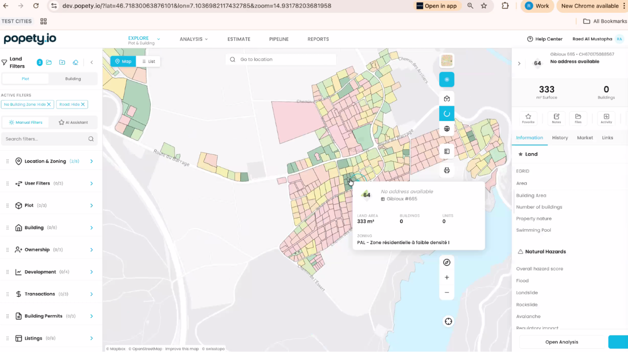 The payoff in the product. For a single 333 m² low-density residential parcel in Gibloux, Popety shows current versus authorized building coverage, floor-area ratio, height (8.50 m), permitted floors (2), and the 5 m distance limit, each extracted automatically from the communal regulation.