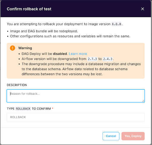 Confirm rollback Confirm rollback Astro